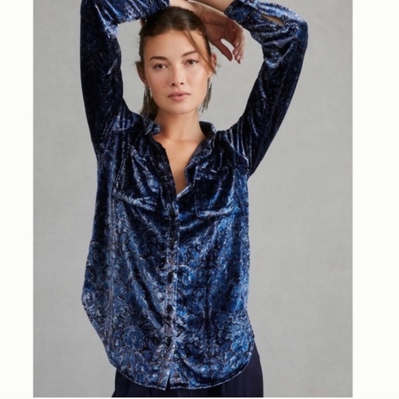 Anthropologie Pilcro Relaxed Floral Print Blue motif Velvet Buttondown, size M - Picture 1 of 6